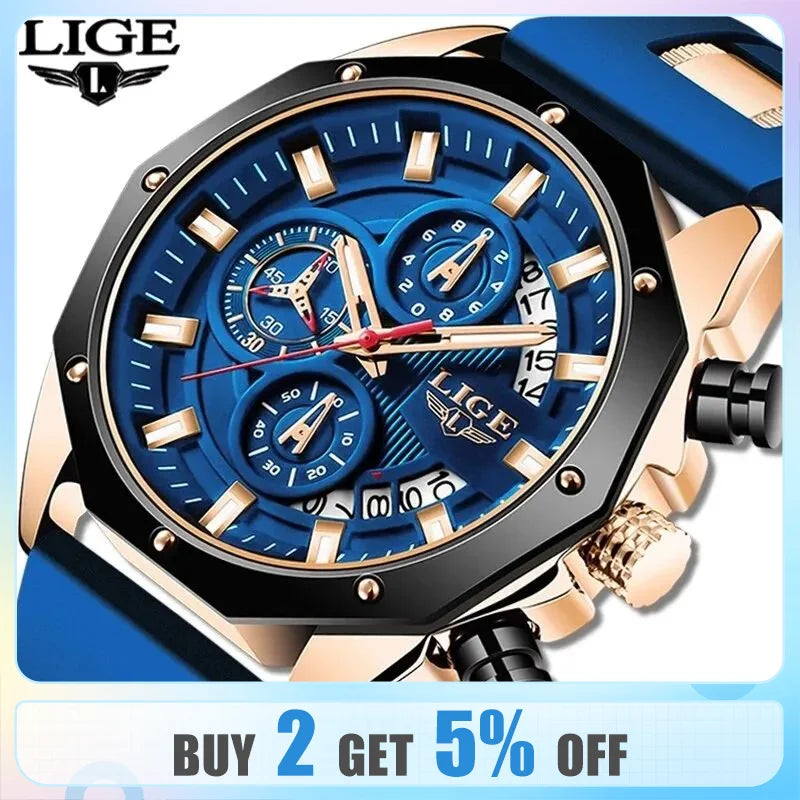 LIGE Fashion Men Watches Top Brand Luxury Silicone