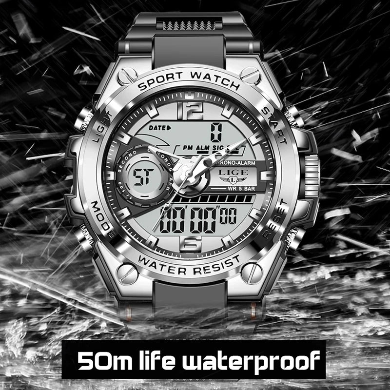 LIGE Digital Men Military Watch 50m Waterproof Wristwatch