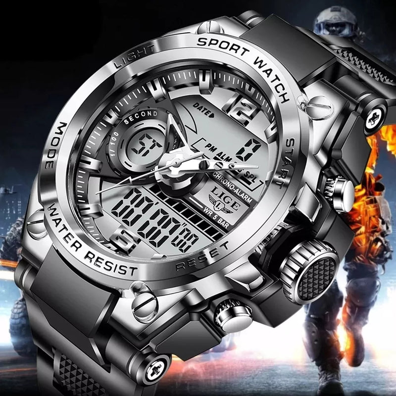 LIGE Digital Men Military Watch 50m Waterproof Wristwatch