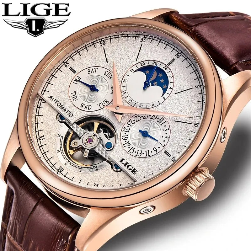 LIGE Men's Watches Automatic Mechanical Tourbillon Watch